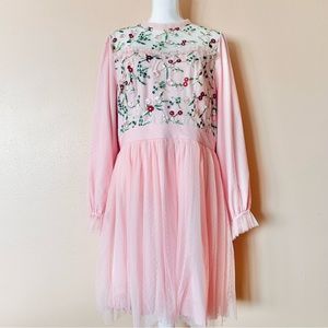 Simplee Plus Pink & Green Embroidered Floral Tulle Mesh Swiss Dot Print Dress.